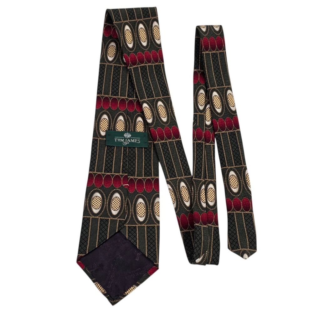TOM JAMES Men's Silk Geometric Pattern Necktie Green Red Gold Wide Designer